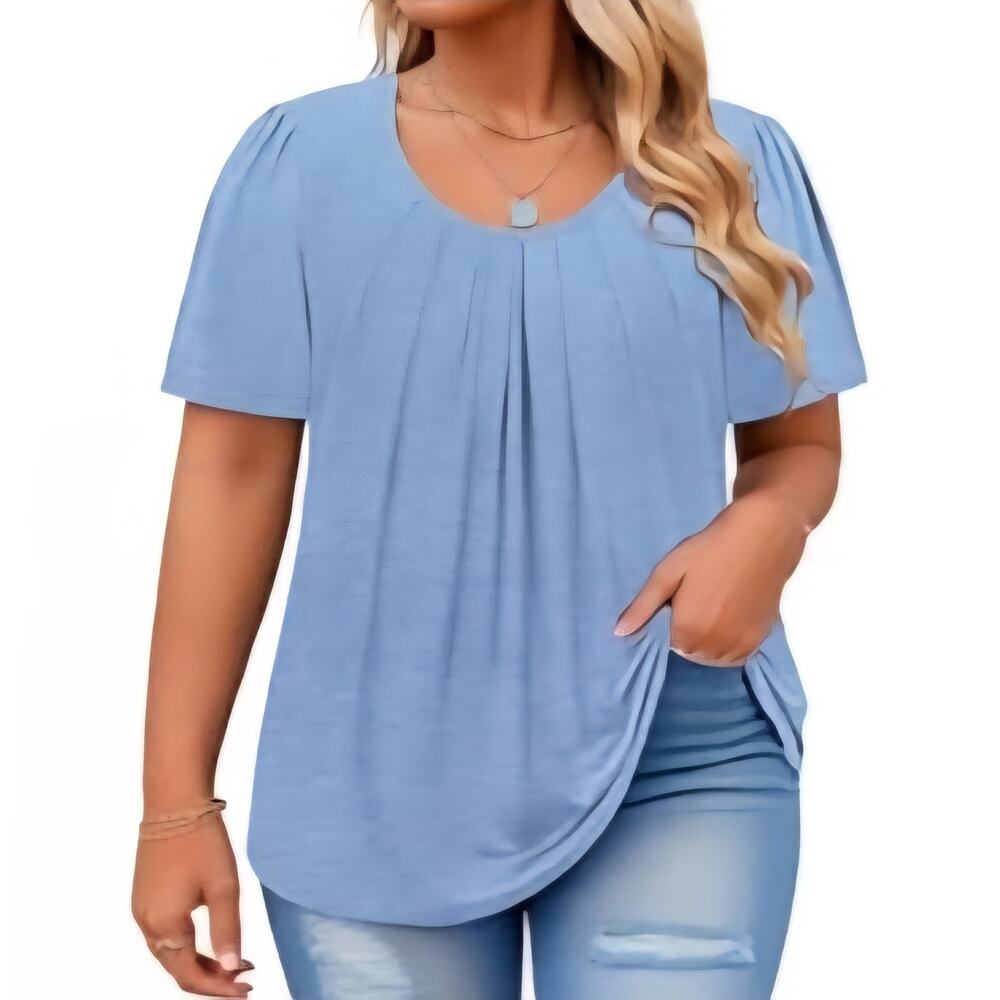 Womens T-Shirt Blouse BLUE Crew Neck Short Sleeve Pleated Loose Tunic Flowy